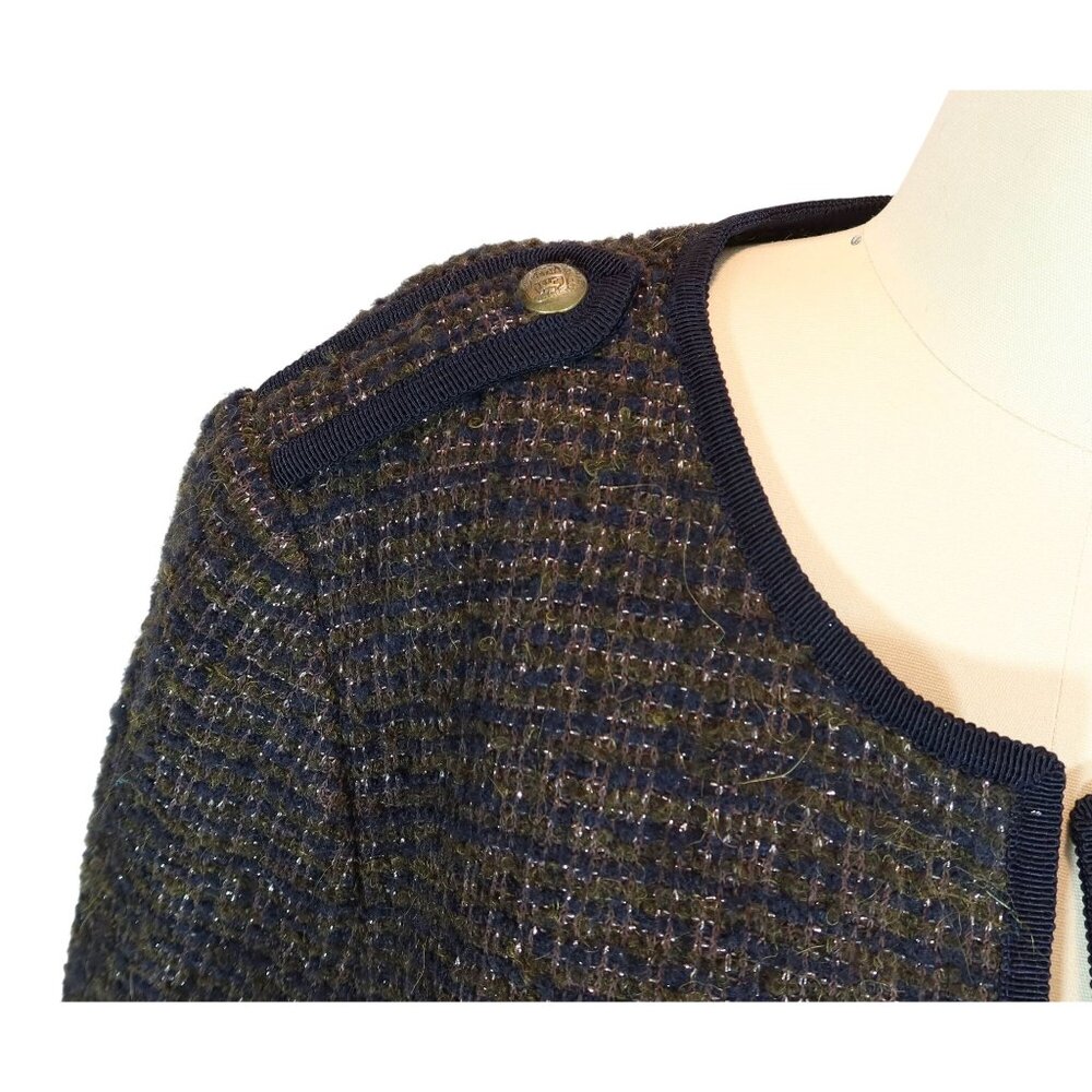 TALBOTS Olive Green Tweed Open Jacket 14 Preppy Classic Military Wool Cotton - Picture 5 of 7